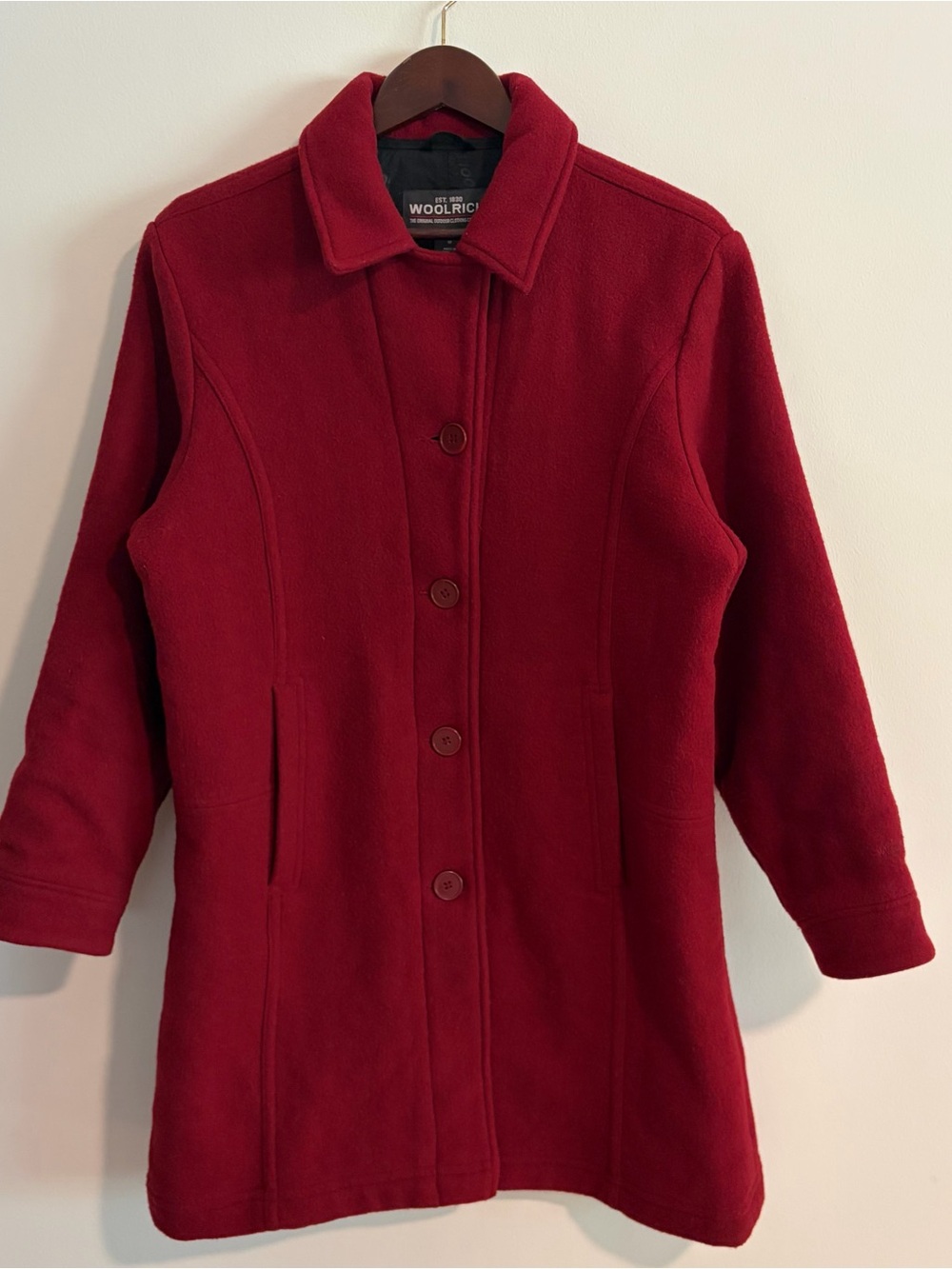 Woolrich Women’s M Ruby Red Wool Blend Trench Coat Jacket Classic Button Front